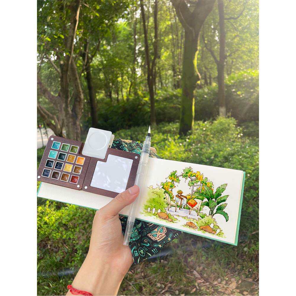 国风15色木盒便携水彩颜料套装旅行绘画收纳画夹画笔布艺