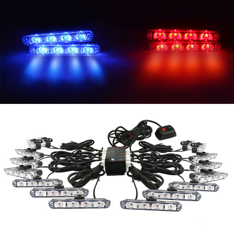 汽车LED中网爆闪灯 一拖十六夹子红兰开道灯皮卡车中网超亮警示灯