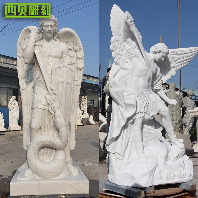 室外大理石天使雕塑装饰白色欧式大天使长米迦勒圣迈克尔石雕摆件