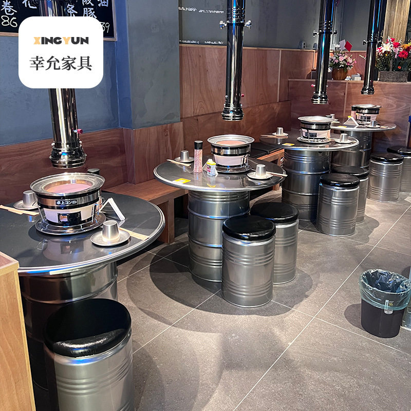 不锈钢工业风商用圆餐桌椅组合