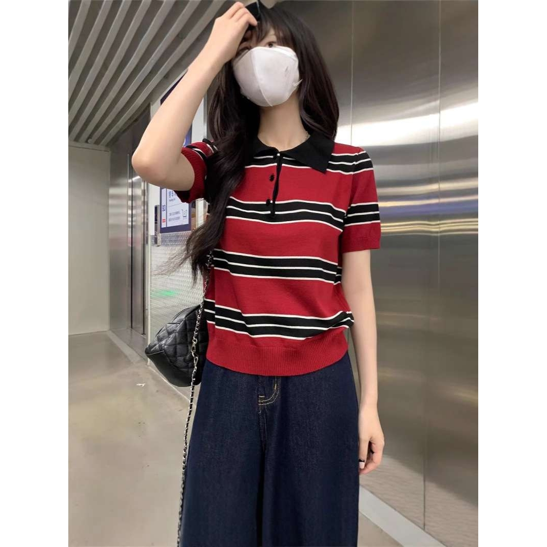 实拍2025拼接撞色条纹t恤上衣女士减龄法式半开翻领针织polo衫女