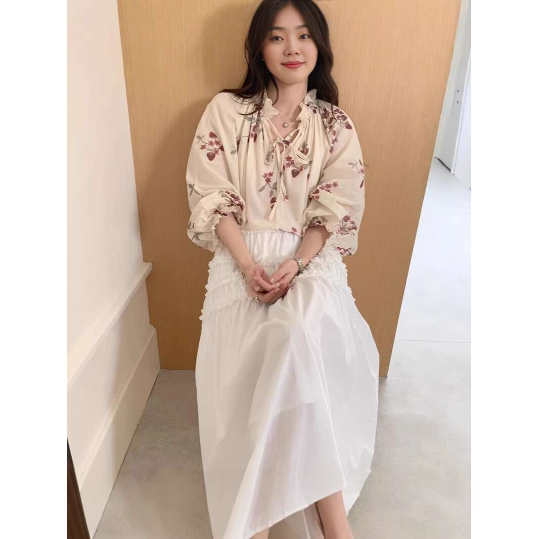 实拍 仙气飘飘 碎花系带长袖宽松衬衫+重工花边拼接半身裙女装
