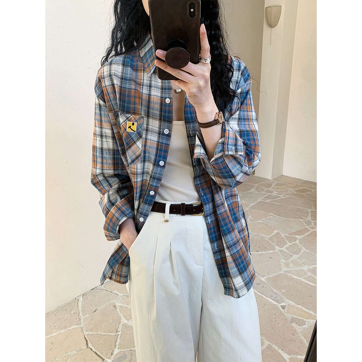 纯棉衬衫女士长袖春秋新款外搭复古格子衬衣宽松休闲衬衣