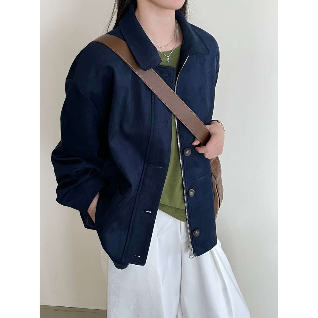 麂皮绒翻领复古摩登外套女24秋宽松高级感美拉德风上衣2607