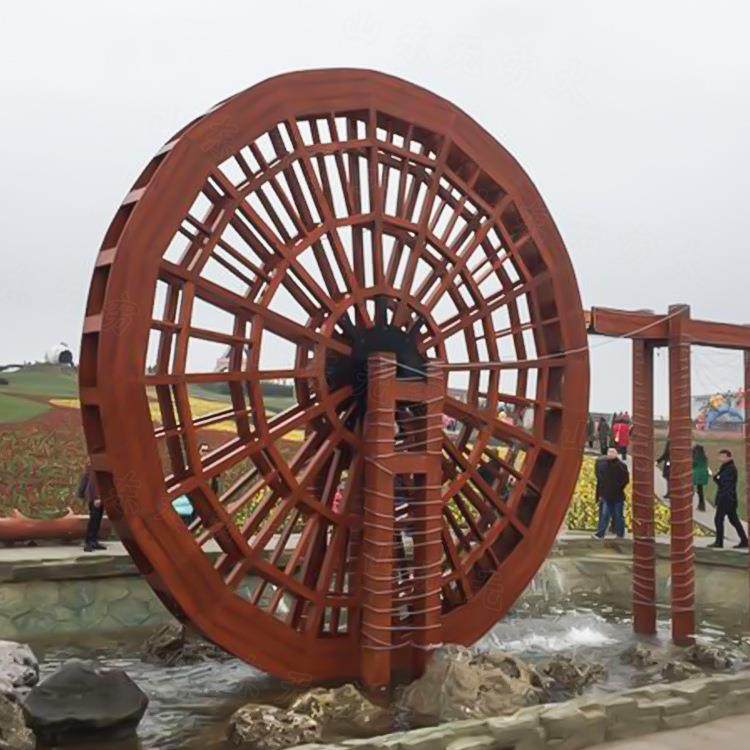 户外防腐木复古水车景观工程水动力旋转灌溉工具网红美陈装饰