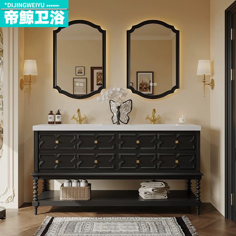 法式复古橡木岩板一体盆浴室柜