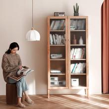 日式纯全实木带门书柜樱桃木书架钢化玻璃门书橱简约收纳展示柜