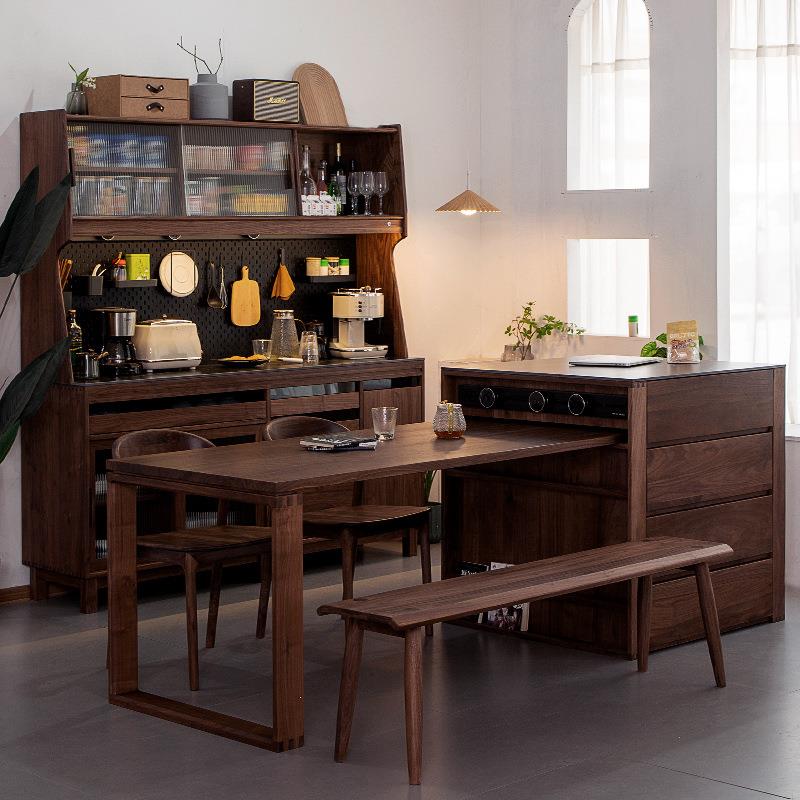 黑胡桃木岛台餐桌一体可伸缩家用岩板中岛台单独厨房橱柜实木吧台