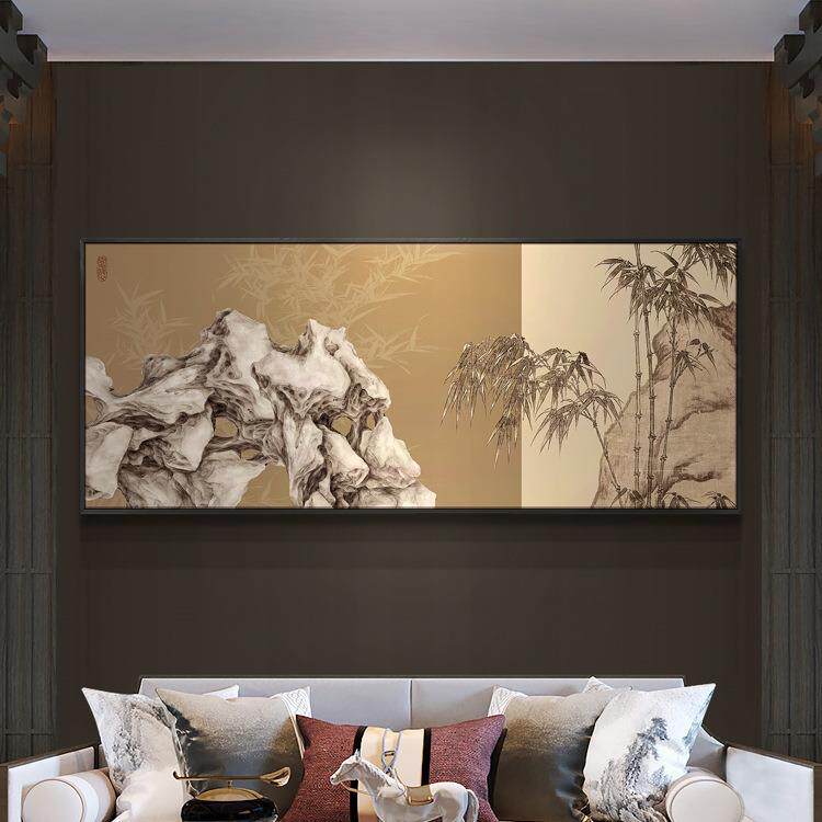 新中式客厅沙发背景装饰画别墅样板房石竹双清图大幅尺寸挂画