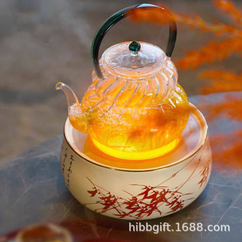 新品莺歌烧电陶炉国风粉彩朱竹图福禄封侯静音煮茶炉无线遥控开关