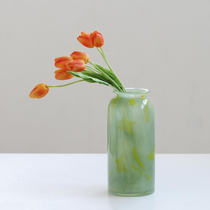 新中式小口渐变中古风纹理感瓷绿花瓶鲜花百合桌面电视柜装饰品