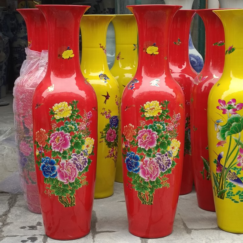 陶瓷花瓶摆件 中国红牡丹花落地陶瓷大花瓶 喜庆工艺品开业摆件
