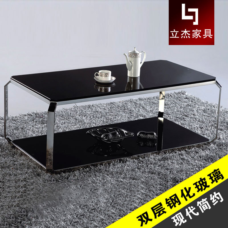 简约现代不锈钢双层钢化玻璃茶几