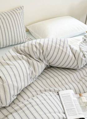 全提棉色织花套条纹床被上四件套纯棉水WZ100809洗棉床单简约床品