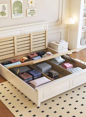 奶油奢白实木床1.华2米现代HMM简约色家小户型主卧用1.8米婚床