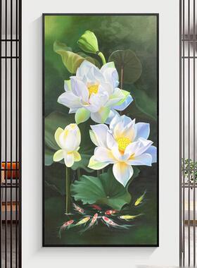 竖手绘九鱼图油SN102画手工新中式装玄饰画荷花版关过道走廊挂画