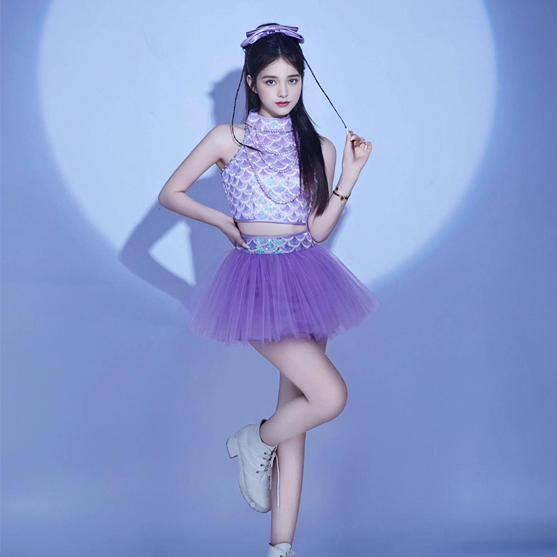紫色打歌服女团kpop裙子套装舞台亮片舞蹈演出服蓬蓬裙2024新款