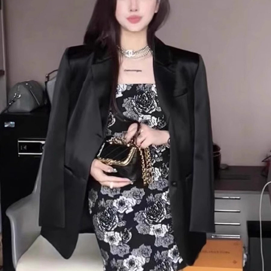 女士缎面醋酸黑色西装外套女气质名媛御姐高级感春季2025新款韩版