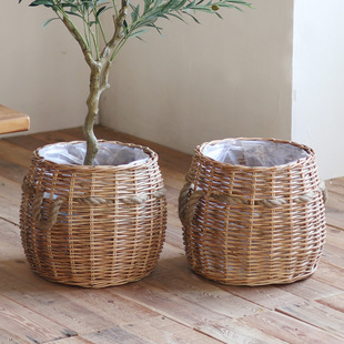 手工编织花篮柳编落地花盆阳台院子装 饰篮子藤编手提篮田园复古