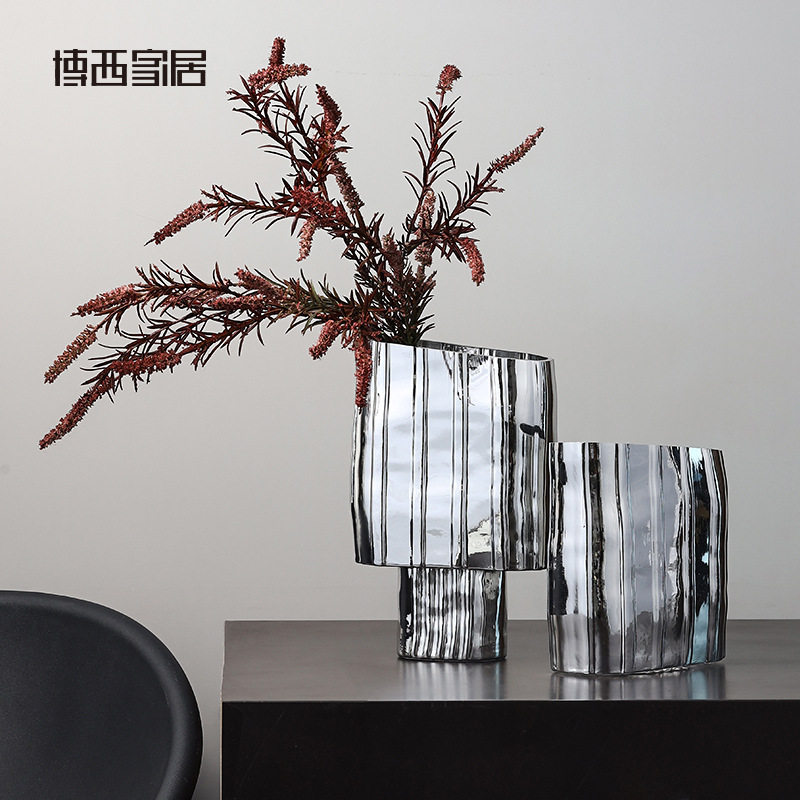 博西家居 轻奢电镀玻璃花瓶摆件 客厅电视柜餐桌镀银花器软装饰品
