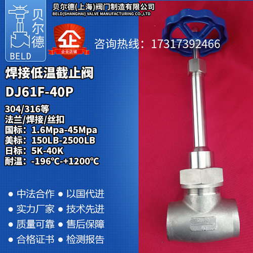 不锈钢低温截止阀DJ61F-40P 304 316L焊接低温阀门承插焊法兰对焊