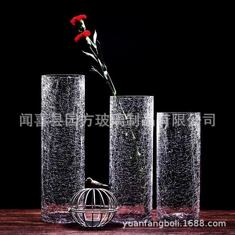 透明加厚直筒玻璃花瓶 水培落地插花富贵竹客厅圆柱形冰裂摆件