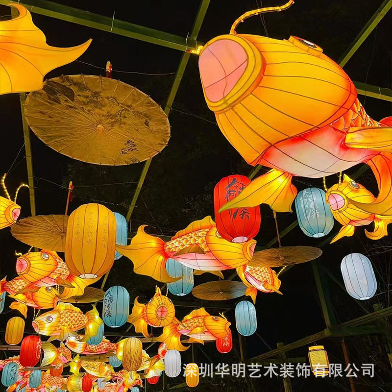 金鱼灯笼餐厅发光布艺吊灯酒楼展厅饭店节庆蛇年花灯软装彩灯