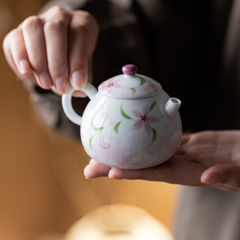 观岚手绘长春花文旦壶釉下彩茶壶陶瓷一人饮高档茶具家用泡茶器