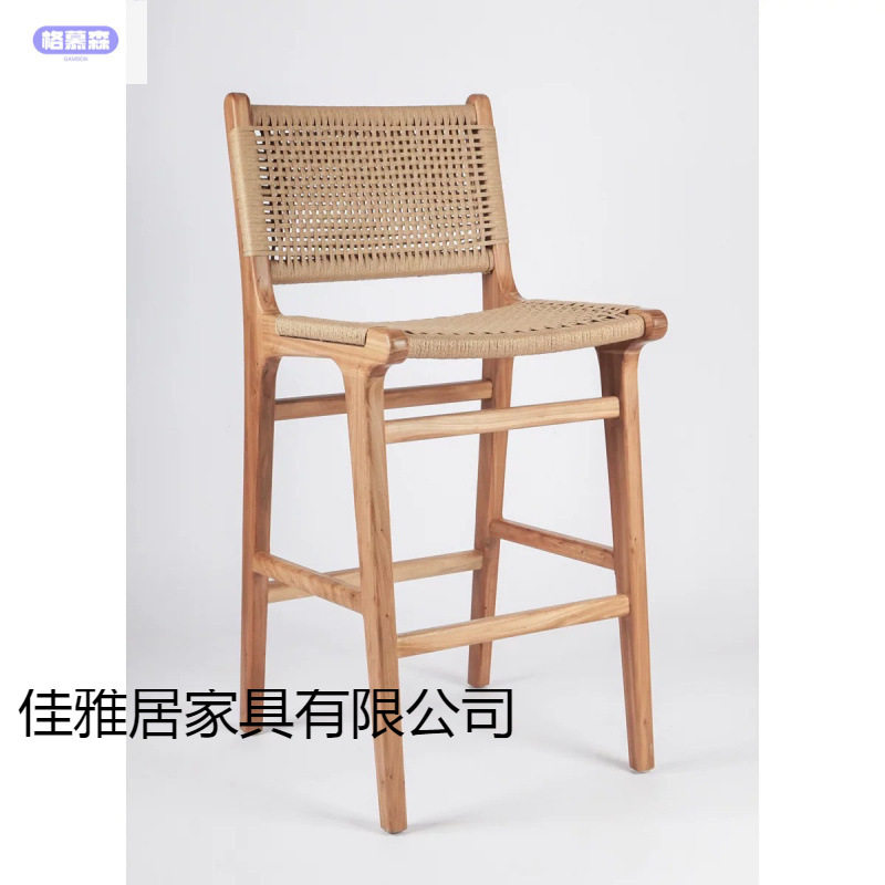 日系手工台椅实木复古咖啡厅酒吧北欧家用简约靠背绳编吧椅