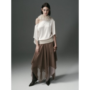 DIONYS*醋酸感露肩不规则中袖T 不对称斜肩宽松拼接上衣