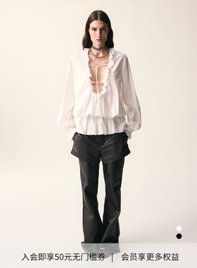 DIONYS*宫廷感荷叶边抽皱衬衫浪漫深V领长袖灯笼袖上衣