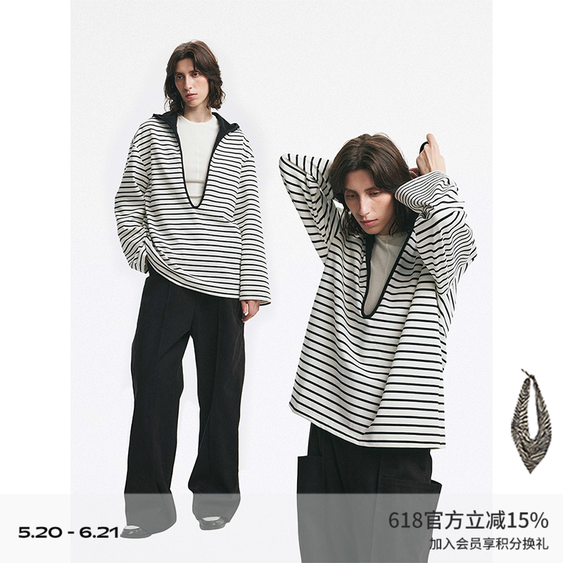 DIONYS*Deep V-neck Hoodie 异型深V领撞色宽松卫衣