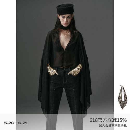 DIONYS*微透V领超长蝙蝠袖罩衫 设计感度假风黑色雪纺上衣