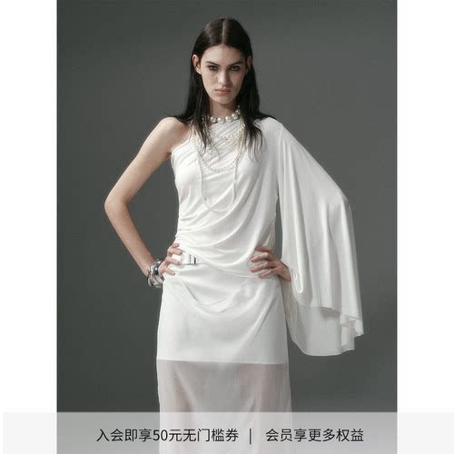 DIONYS*不规则褶皱雕塑感露肩单袖T 斜肩领捏褶上衣