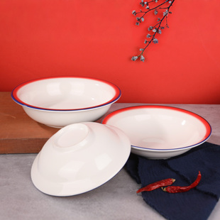 江西小炒7080年代复古土菜碗釉下彩陶瓷餐具碗盘怀旧红边汤碗