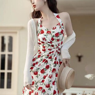 速发港风高级感套装复古穿搭式季法夏挂脖红玫花碎瑰连衣裙80年代