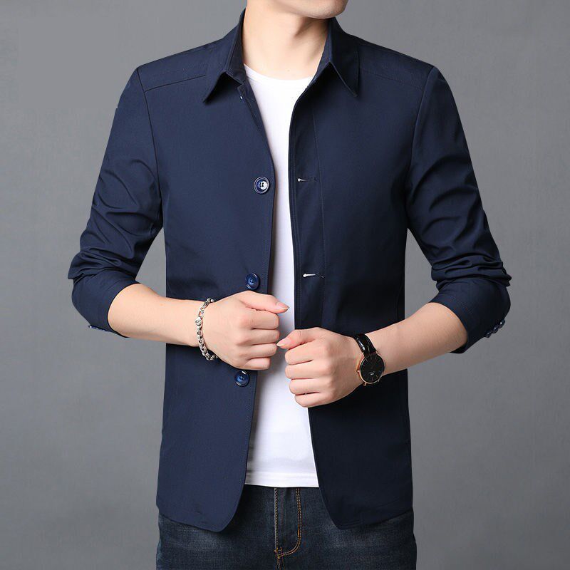 速发春中年男士外套年轻款休闲薄翻领上克爸爸装新款扣子夹衣格坤