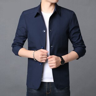 速发春中年男士外套年轻款休闲薄翻领上克爸爸装新款扣子夹衣格坤