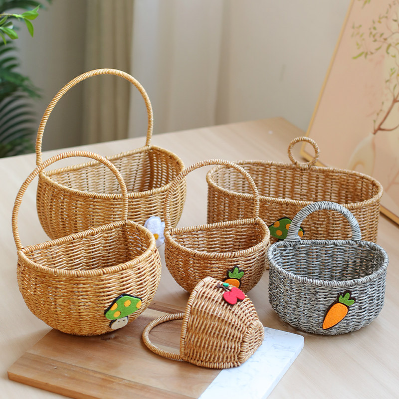 速发姜蒜收纳筐藤房葱蒜头仿挂篮创意手提编织小花篮壁厨编