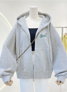 速发灰色大码秋冬开衫连宽卫衣2024新款拉款帽松爆链外套潮