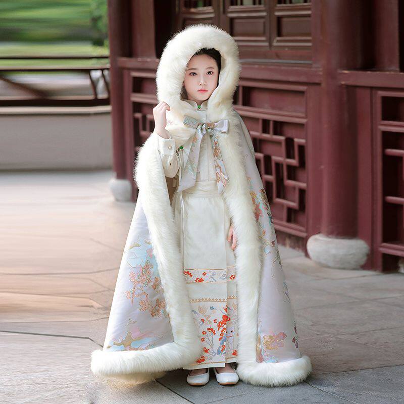 儿童汉服披风秋冬季女童长款古风加厚连帽斗篷女孩保暖外套中国风
