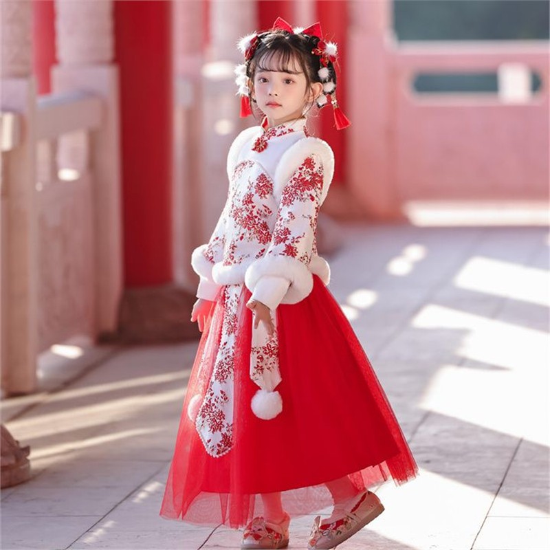 2024新款冬季女童汉服加绒两件套拜年服中国风中大童襦裙儿童唐装
