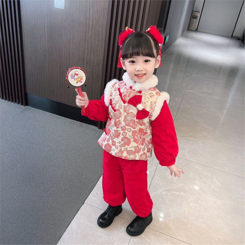 女童拜年服套装冬装女宝宝中国风新年装女孩加绒唐装儿童过年衣服