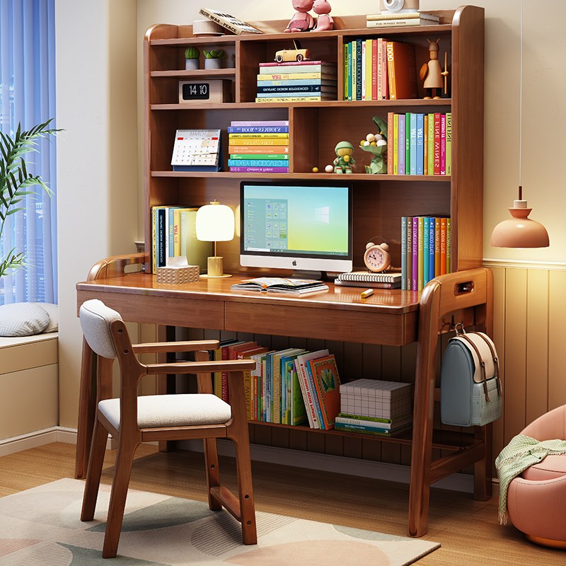带书架可升降儿童书桌学习桌阅读桌实木家用电脑桌写字台简约