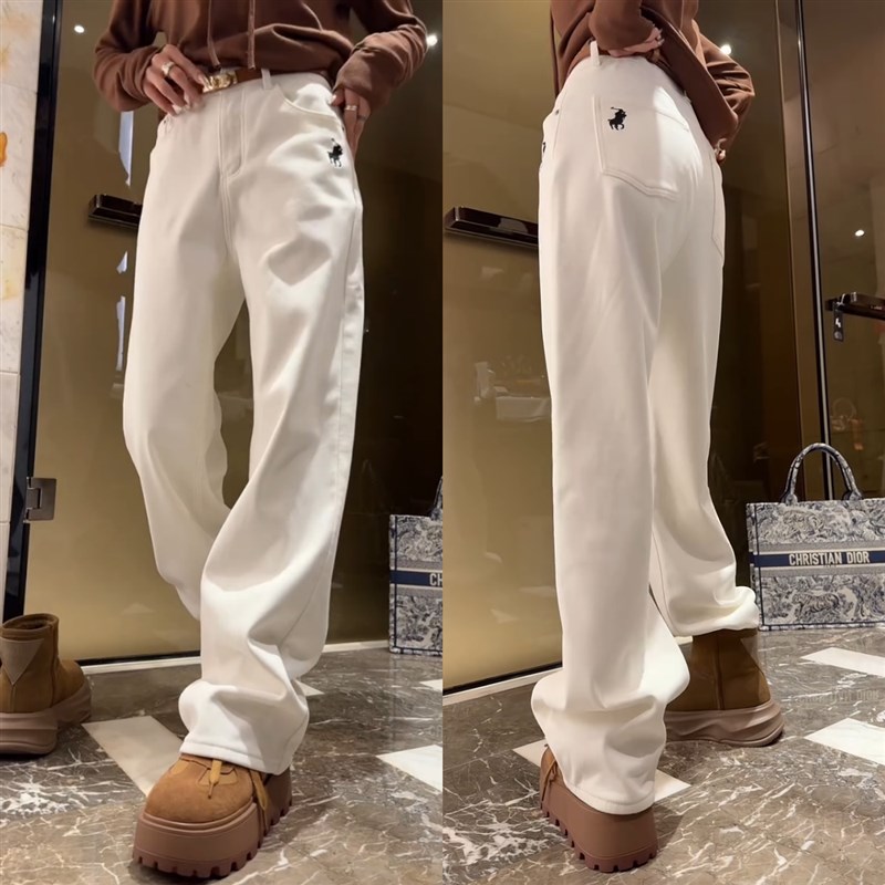 白色韩系刺绣窄版牛仔裤子2024年秋冬新款加绒加厚高腰显瘦阔腿裤