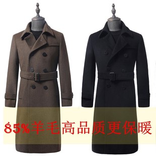 定做新款毛呢大衣男加厚羊绒长版双排扣修身过膝风衣加肥加大外套