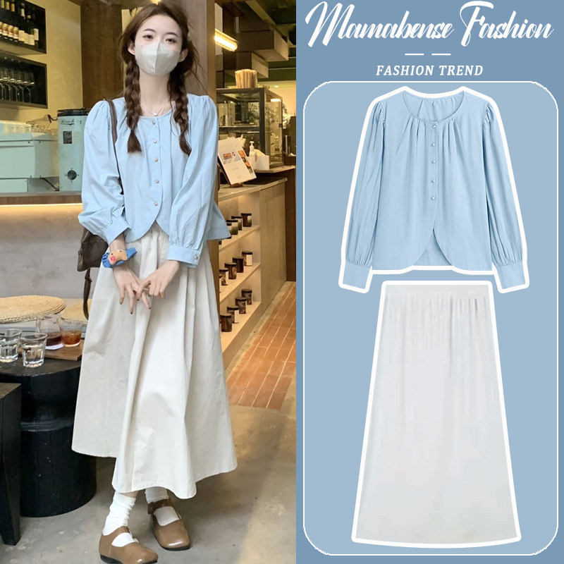 孕妇连衣裙套f装时尚洋气时髦蓝上衣衬衣半身裙两件套2024新款春