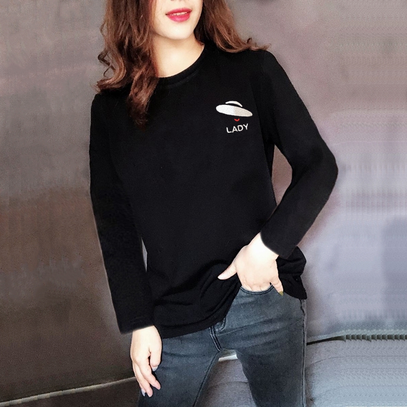 2021秋冬女装长袖t恤女黑色纯棉字母刺绣圆领韩版大码白色打底衫
