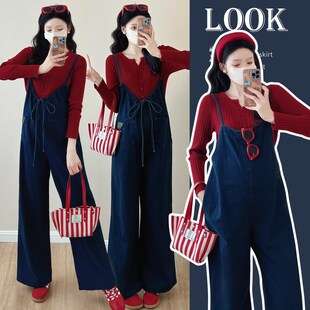 孕妇背带裤套装秋冬2024新款时尚洋气牛仔阔腿减龄背带裤两件套女