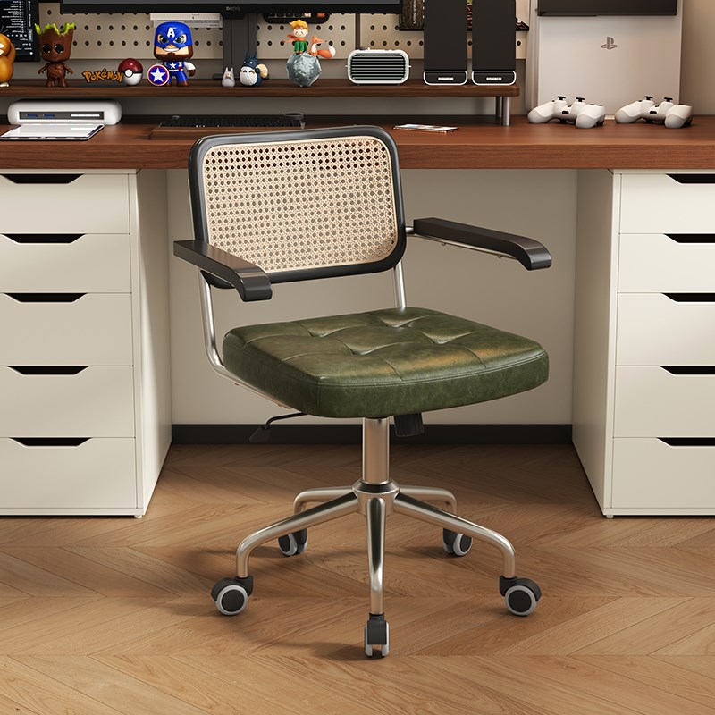 轻奢久坐书房休闲椅网红实木家用藤编真皮升降椅子人体工学旋转椅